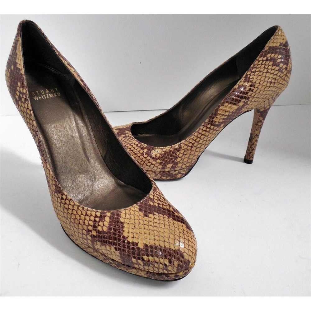 Stuart Weitzman 9 M Brown Beige Embossed Snake Print‎ Leather Platform Pumps